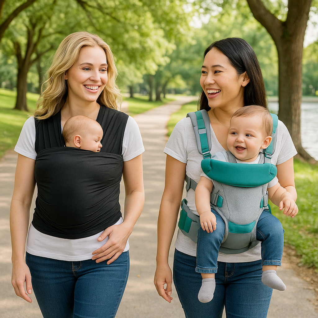2 mamans promenade portant bebe dans echarpe de portage ou porte bebe