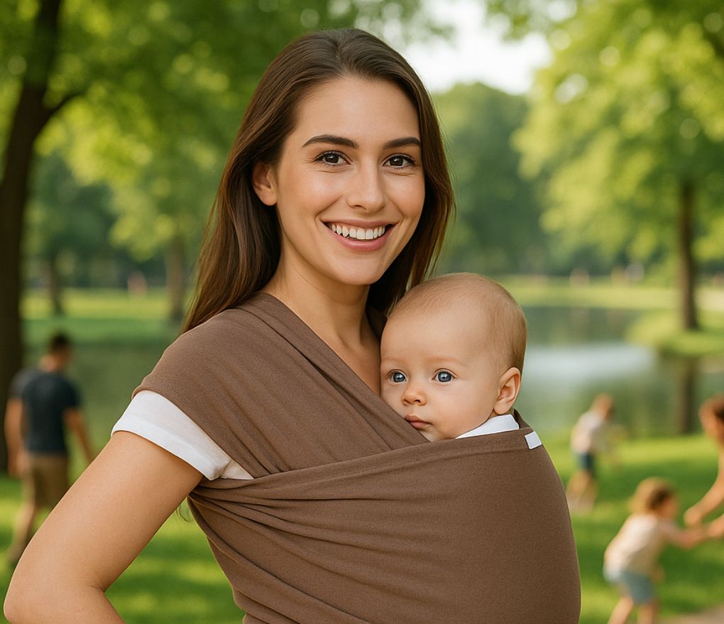 Maman dans parc porte son nouveau-né dans echarpe pour bebe marron confortable apaisante