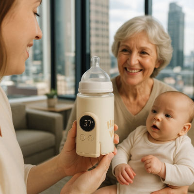 Maman préparant chauffe-biberon-à température devant sa grand-mère - appartement urbain securite-surchauffe-recharge-rapide