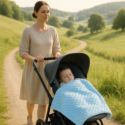 Maman promenade campagne bébé poussette recouvert couverture bébé bleu confortable douce protectrice