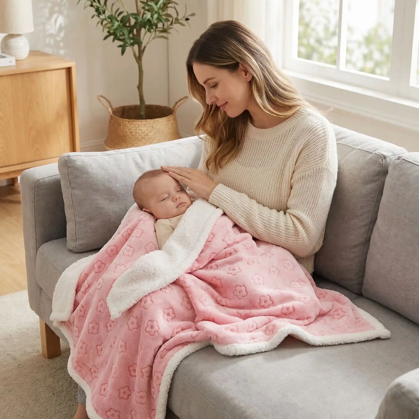 Couverture nomade bébé rose motif velours douceur