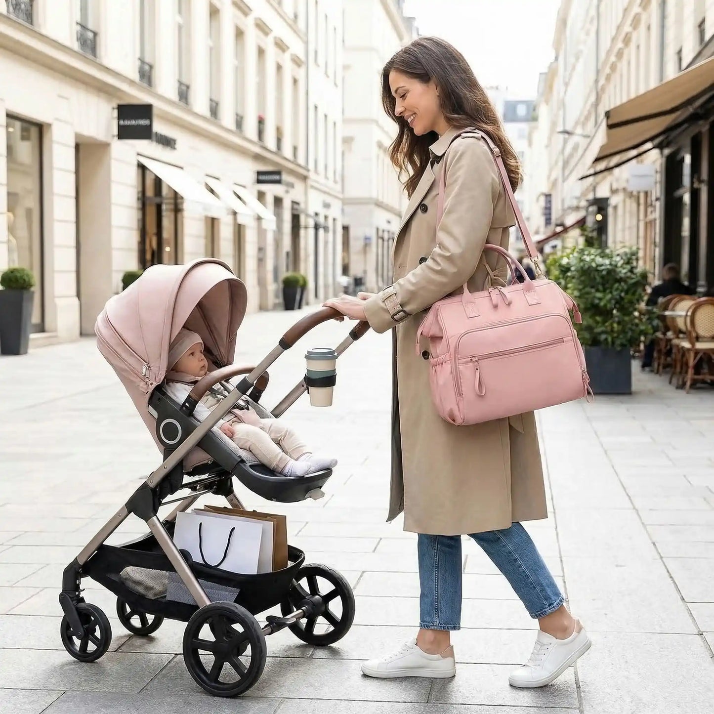Sac a langer classe spacieux & élégant rose sangles ajustables