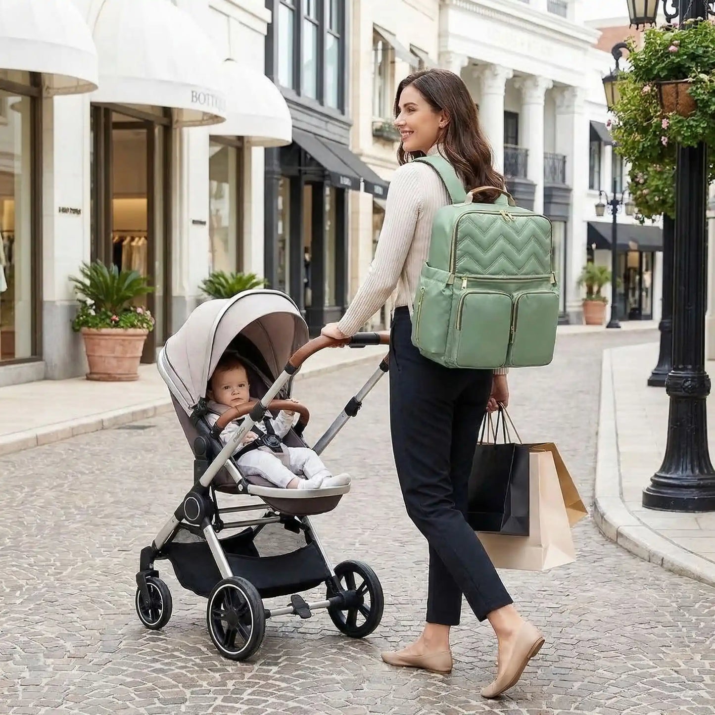 Sac à langer luxe confort organisé vert multipoches