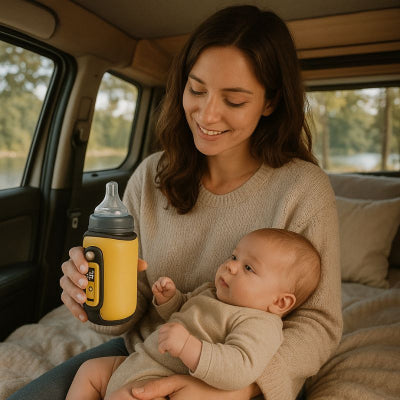 Maman prépare chauffe biberon nomade design jaune ajustable velcro voiture camping été
