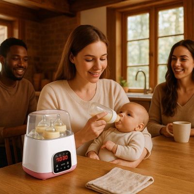 Maman donnant biberon chauffe biberon rapide rose stérilisation cuisine maison amis