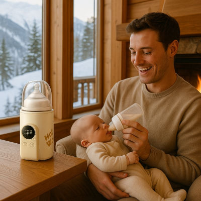 Papa donnant biberon chaud sorti du chauffe biberon six niveaux temperature puissant rétroéclairage nocture dans un chalet montagne