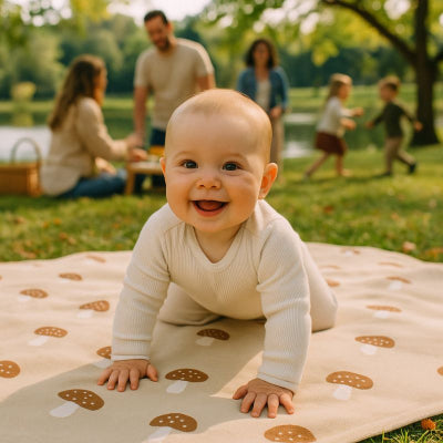 Bébé jouant sur couverture bébé design champignon souple respirante nomade pique-nique parc famille