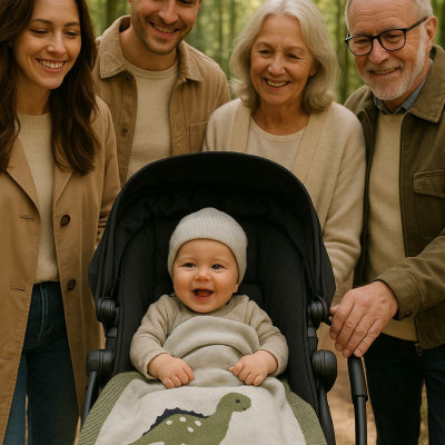 Bébé poussette recouvert couverture bébé design dinosaure vert respirante lavable nomade promenade forêt famille