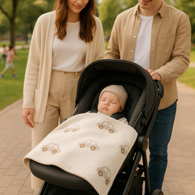 Couverture bébé design voiture beige enveloppante douce nomade pliable recouvrant bébé poussette campagne parents