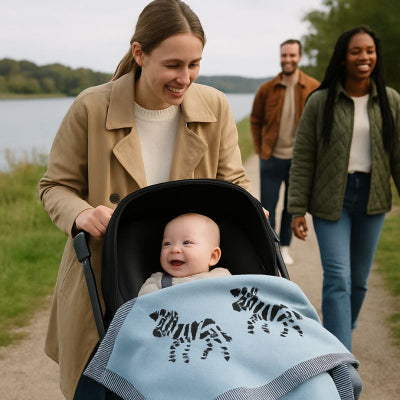 Bébé poussette campagne amis recouvert couverture bébé style zèbre bleu nomade tricotée transportable nomade apaisante