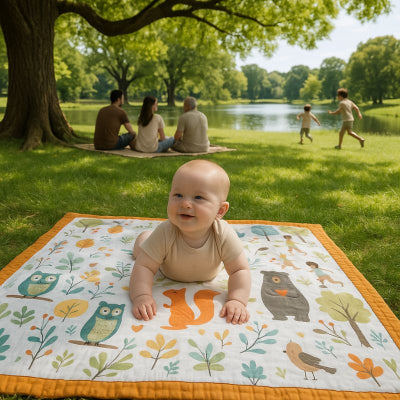 Bébé allongé sur couverture bébé naissance animaux forêt pliable nomade pique-nique lac famille