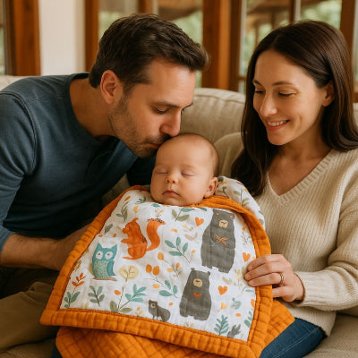 Bébé sieste recouvert couverture bébé naissance animaux forêt stylée respirante bras maman salon