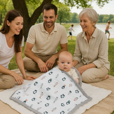 Bébé recouvert couverture bébé naissance design animaux polaires douce chaleureuse nomade pique-nique parc famille