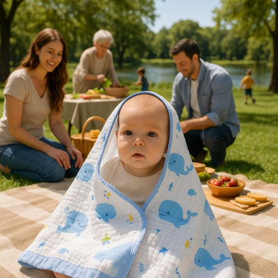 Bébé recouvert couverture bébé naissance baleine unisexe douce pique-nique parc arboré.
