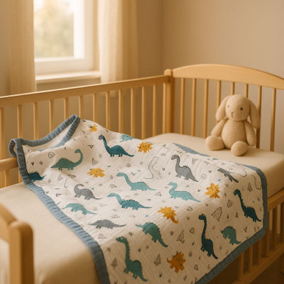 Couverture bébé naissance dinosaure enveloppante douce réconfortante posée lit chambre bébé.