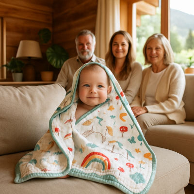Bébé assis canapé chalet campagne recouvert couverture bébé naissance douce coton attendrissante famille