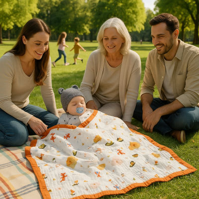 Bébé recouvert couverture bébé naissance design univers enveloppante nomade format carré pique-nique parc famille
