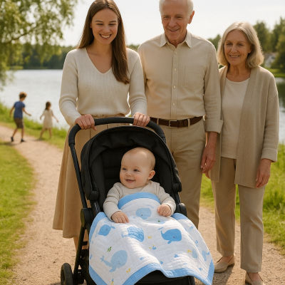 Bébé recouvert couverture bébé naissance baleine pliable nomade douce poussette famille campagne