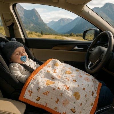 Bébé recouvert couverture bébé naissance design univers confortable douce siège auto voiture montagne