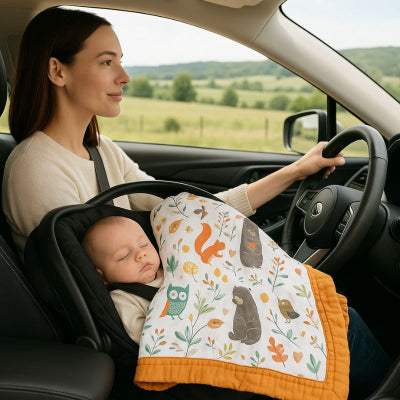 Bébé sieste recouvert couverture bébé naissance animaux forêt enveloppante siège auto voiture campagne maman