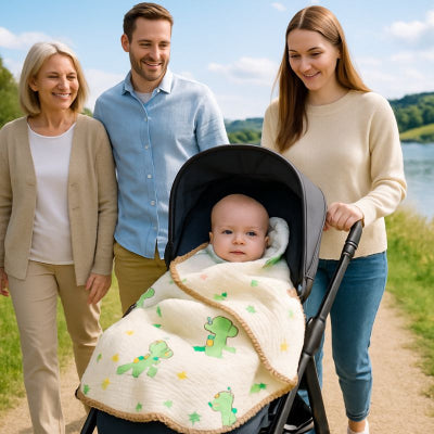 Bebe poussette couverture bebe nomade design dinosaure vert respirante famille chaleureuse campagne lac famille