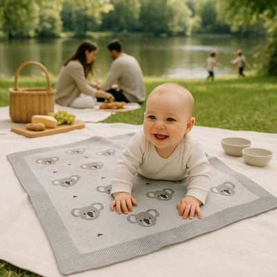 bebe jouant sur couverture bebe nomade design koala gris confortable pique-nique lac famille