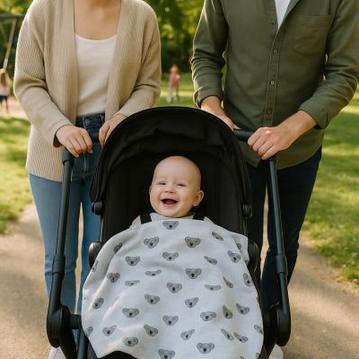 bebe poussette recouvert couverture bebe nomade design koala gris nouveau-ne relaxante promenade famille