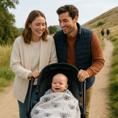 bebe poussette recouvert couverture bebe nomade design koala gris pliable transportable campagne famille