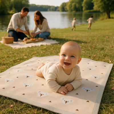 bebe jouant sur couverture bebe nomade design koala respirante speciale nouveau-ne pique-nique lac famille