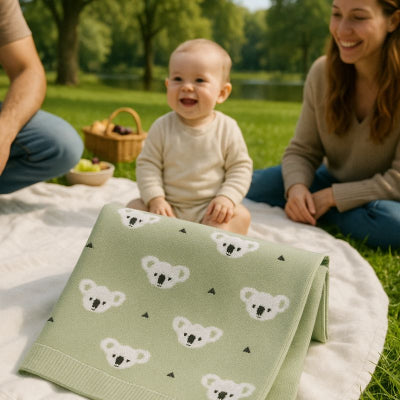 bebe assis a cote couverture bebe nomade design koala vert unisexe attrayante pique-nique campagne famille