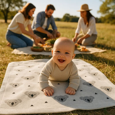 bebe jouant sur couverture bebe nomade style koala beige taille speciale nouveau-ne-transportable