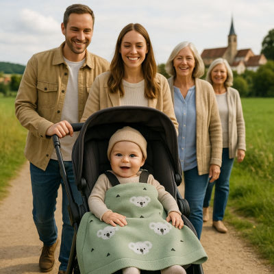 bebe poussette recouvert couverture bebe nomade design koala vert securitaire chaude promenade campagne famille