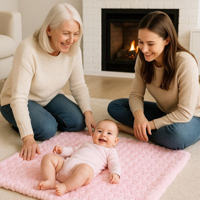 Bébé jouant sur couverture bebe polaire rose respirante epaisse moelleuse avec maman et mamie
