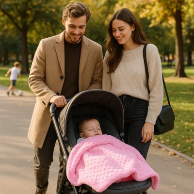 Parents promenade parc bébé poussette recouvert couverture bébé rose effet peluche doux nomade