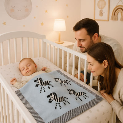 Bébé sieste lit parent recouvert couverture bébé style zèbre bleu pur coton relaxante nomade