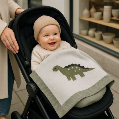 Bébé poussette recouvert couverture bébé design dinosaure vert chaleureuse douce saisons douces nomade promenade ville