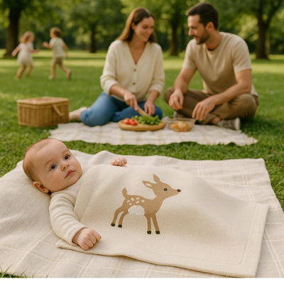 Bébé allongé sous couverture bébé design faon nomade unisexe nouveau-né pique-nique parc parents