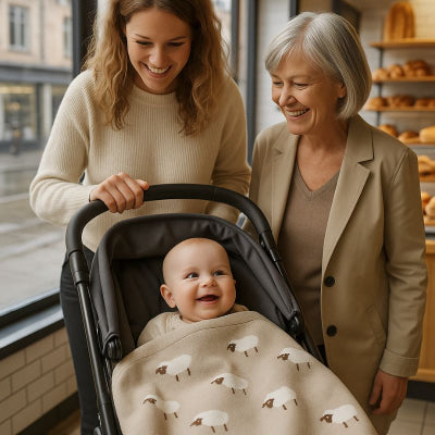 Bébé poussette sous couverture bébé design mouton saisons douces pratique apaisante nomade