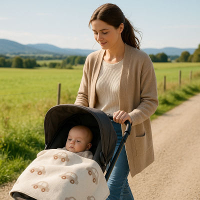 Bébé poussette campagne maman recouvert couverture bébé style voiture beige respirante nomade pur coton naturel