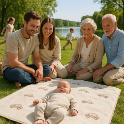 Bébé allongé couverture bébé style voiture beige respirante nomade tricotée pique-nique parc famille