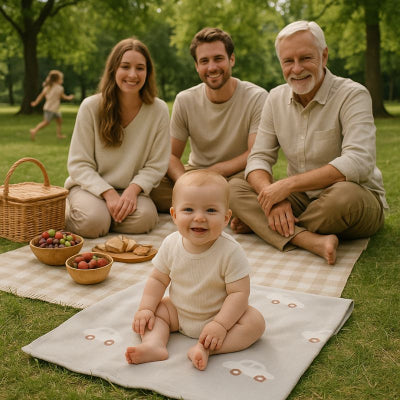 Bébé pique-nique famille assis sur couverture bébé style voiture gris clair confortable respirante nomade