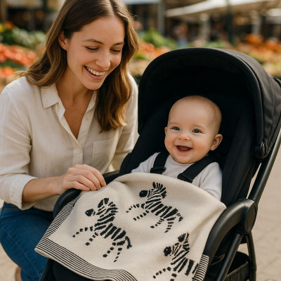 Bébé poussette courses maman recouvert couverture bébé style zèbre beige attendrissante saisons douces nomade