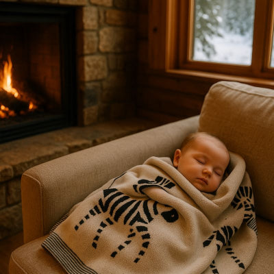 Bébé sieste emmitouflé couverture bébé zèbre beige tricotée coton sur canapé salon maison montagne