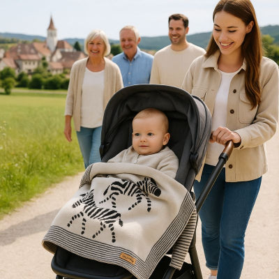 Bébé poussette village campagne famille recouvert couverture bébé style zèbre beige transportable enveloppante nomade