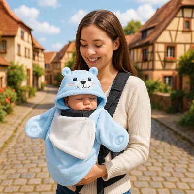 Bébé sieste bras maman couverture nomade bebe bleu ourson respirant village