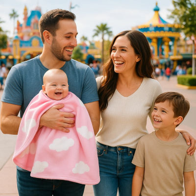 Bébé bras papa recouvert couverture nomade bébé rose design nuage transportable promenade parc attraction famille