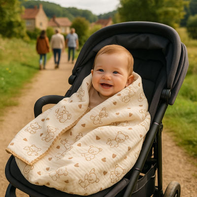 Bébé poussette couverture nomade design nounours chemin campagne famille