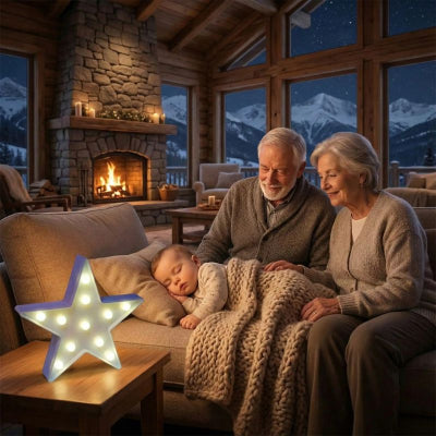 Bébé dort salon etoile lumineuse bebe design bleu 5 branches mignone chalet montagne