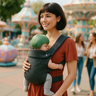 Maman bébé porte bebe des la naissance design gris foncé protection épaules promenade parc d'attraction