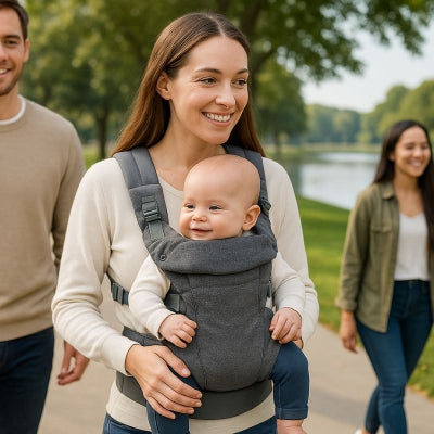 Maman parc portant bébé dans porte bebe ergonomique gris fonce coton doux confortable